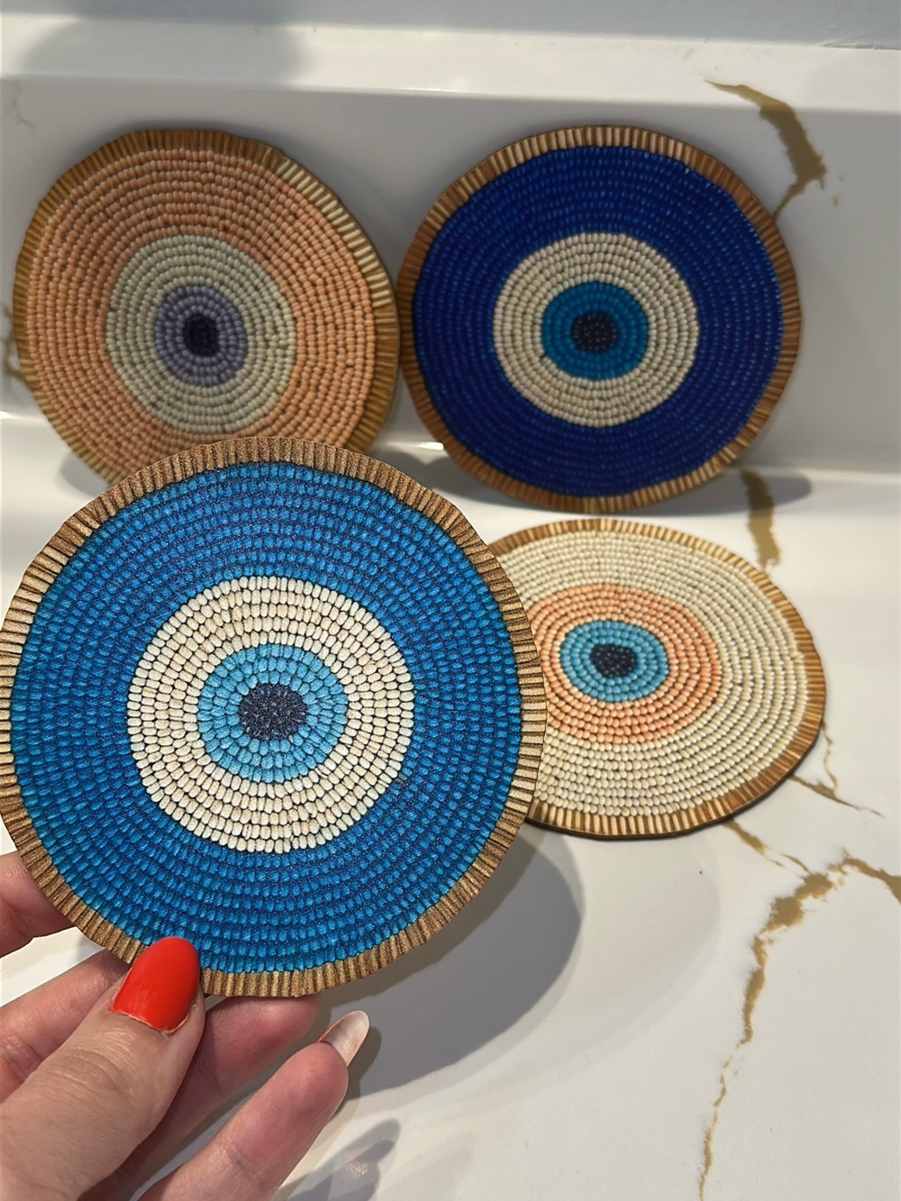 Handmade Evil Eye Wooden Round Coasters - Blue Neutral Set of 4 - 2D Flat Print